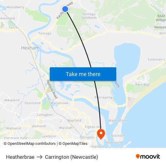 Heatherbrae to Carrington (Newcastle) map