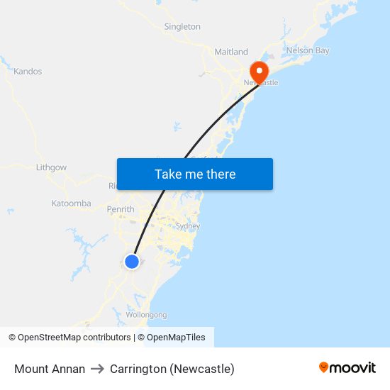 Mount Annan to Carrington (Newcastle) map