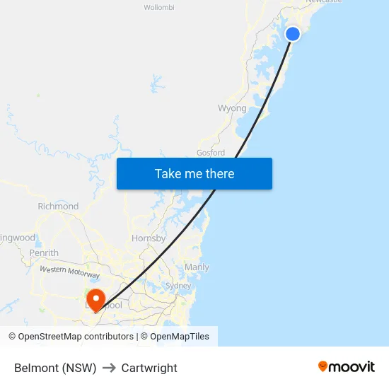Belmont (NSW) to Cartwright map