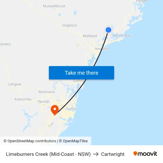 Limeburners Creek (Mid-Coast - NSW) to Cartwright map