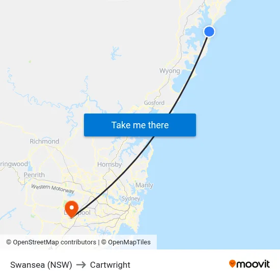 Swansea (NSW) to Cartwright map