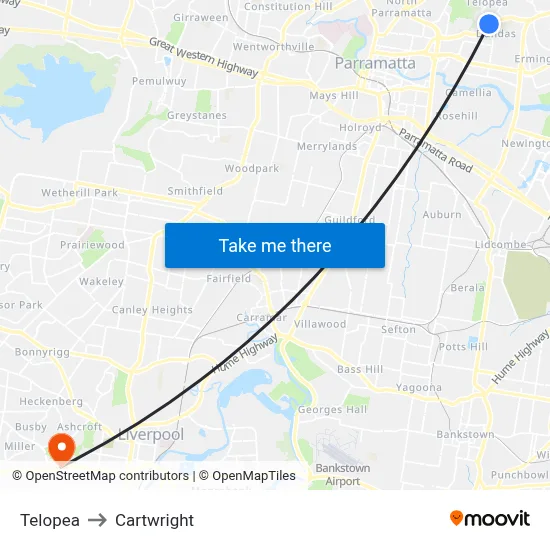 Telopea to Cartwright map