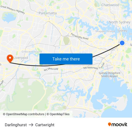 Darlinghurst to Cartwright map