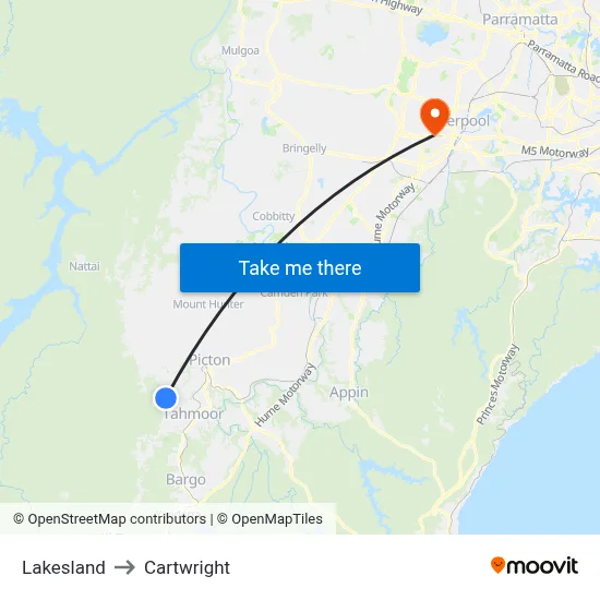 Lakesland to Cartwright map