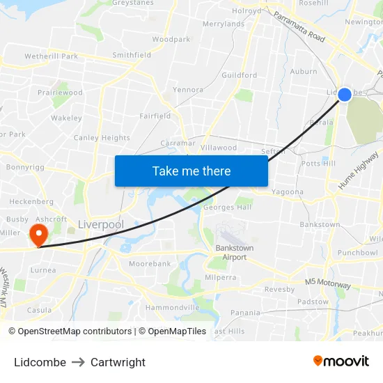 Lidcombe to Cartwright map