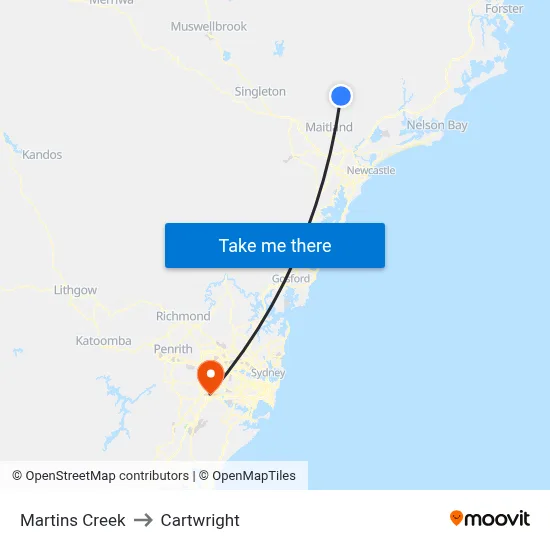 Martins Creek to Cartwright map
