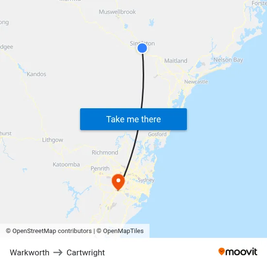 Warkworth to Cartwright map