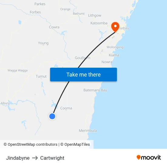 Jindabyne to Cartwright map