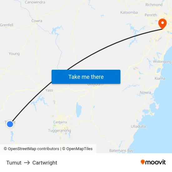 Tumut to Cartwright map
