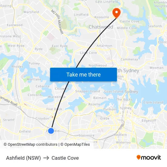 Ashfield (NSW) to Castle Cove map