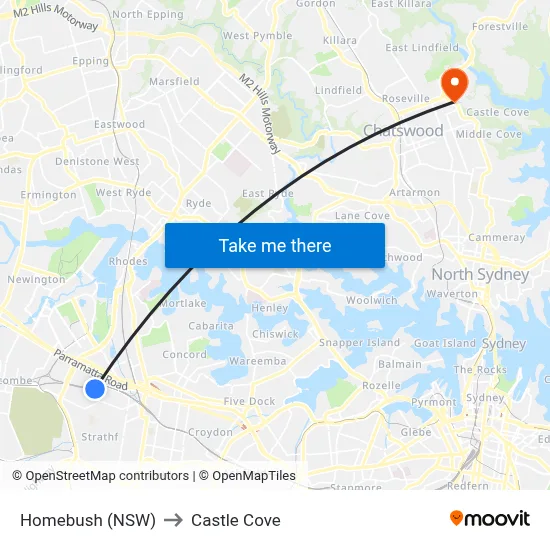 Homebush (NSW) to Castle Cove map