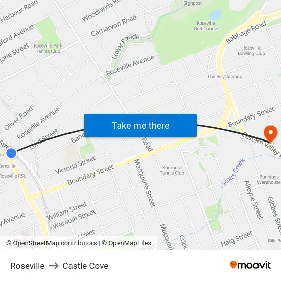 Roseville to Castle Cove map