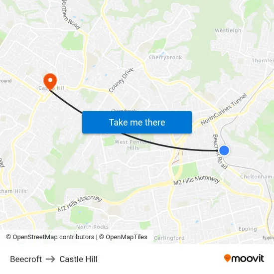 Beecroft to Castle Hill map