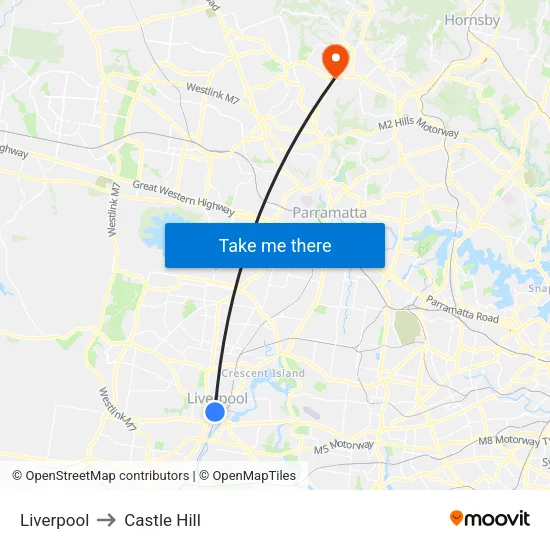 Liverpool to Castle Hill map