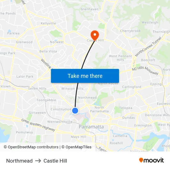 Northmead to Castle Hill map