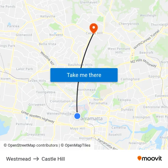 Westmead to Castle Hill map