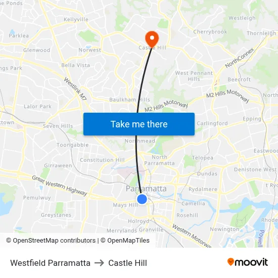 Westfield Parramatta to Castle Hill map