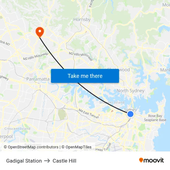 Gadigal Station to Castle Hill map