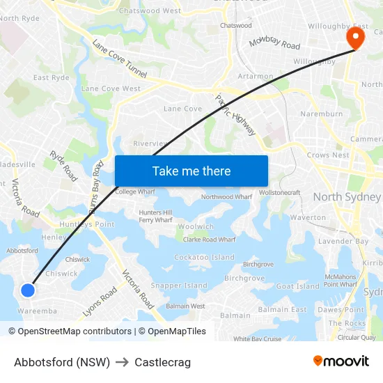 Abbotsford (NSW) to Castlecrag map