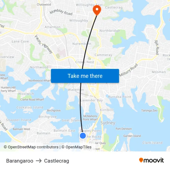 Barangaroo to Castlecrag map