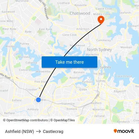 Ashfield (NSW) to Castlecrag map