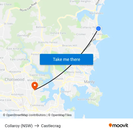 Collaroy (NSW) to Castlecrag map