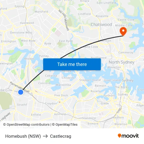 Homebush (NSW) to Castlecrag map