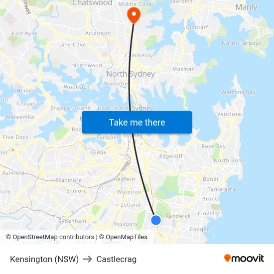 Kensington (NSW) to Castlecrag map
