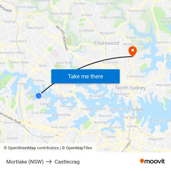 Mortlake (NSW) to Castlecrag map