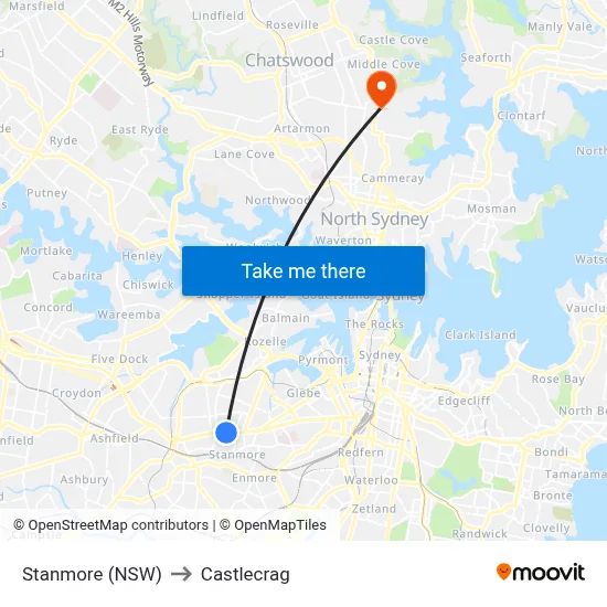Stanmore (NSW) to Castlecrag map