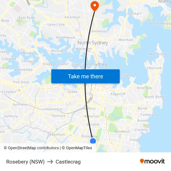 Rosebery (NSW) to Castlecrag map