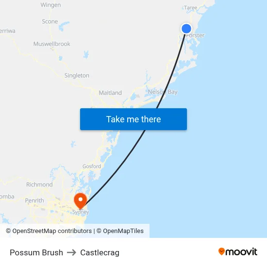Possum Brush to Castlecrag map
