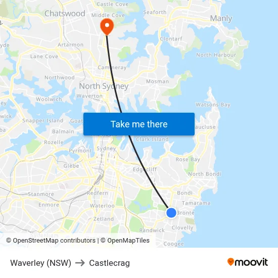 Waverley (NSW) to Castlecrag map