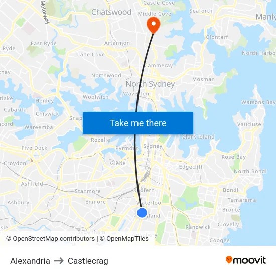 Alexandria to Castlecrag map