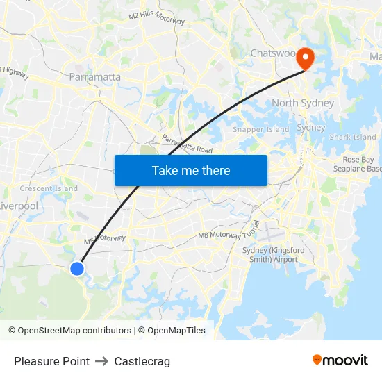Pleasure Point to Castlecrag map