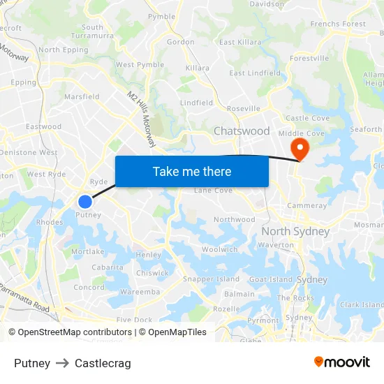 Putney to Castlecrag map
