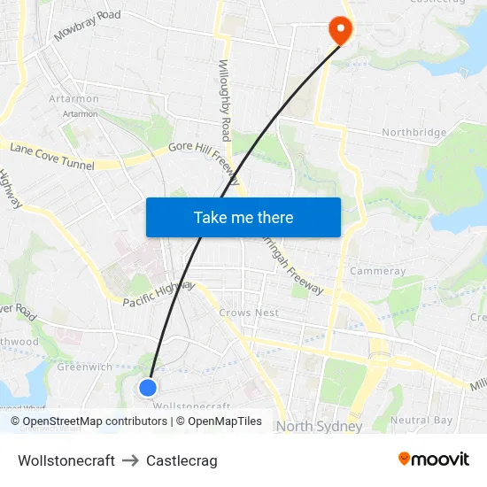 Wollstonecraft to Castlecrag map