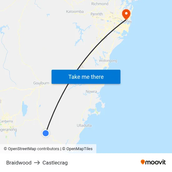 Braidwood to Castlecrag map