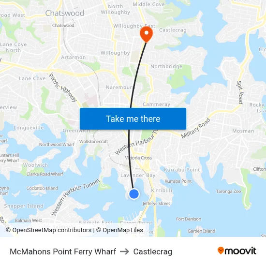 McMahons Point Ferry Wharf to Castlecrag map