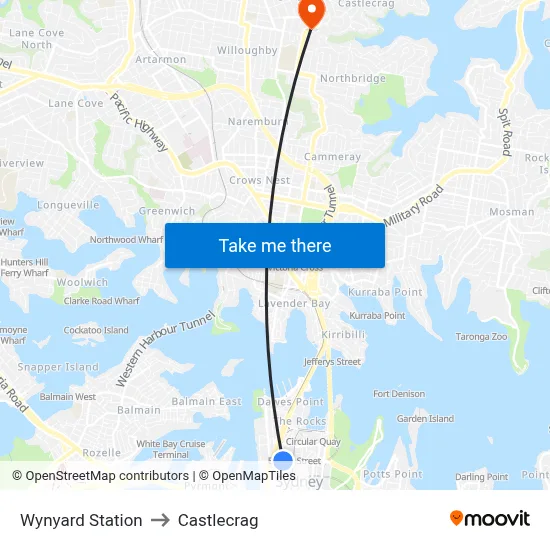 Wynyard Station to Castlecrag map