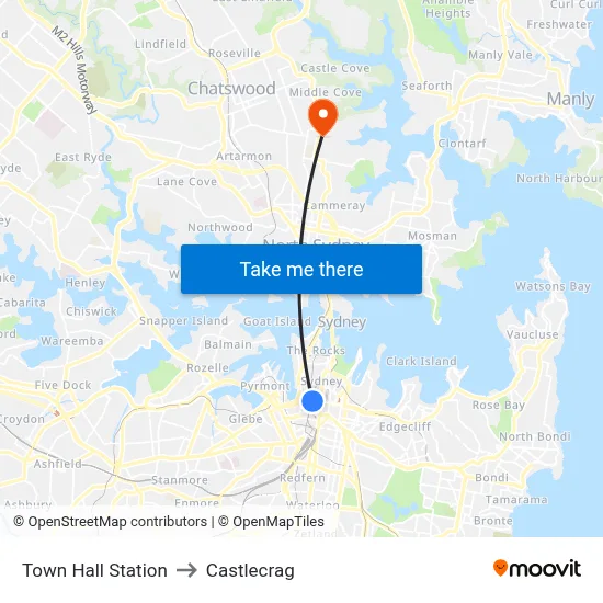 Town Hall Station to Castlecrag map