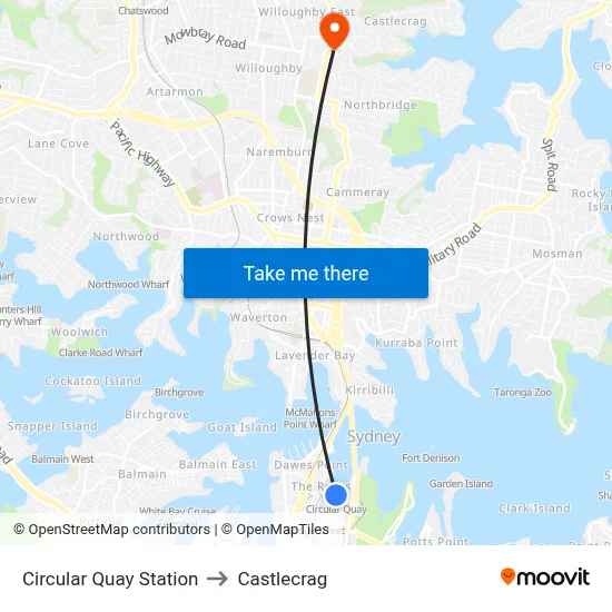 Circular Quay Station to Castlecrag map