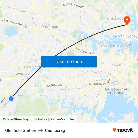 Glenfield Station to Castlecrag map