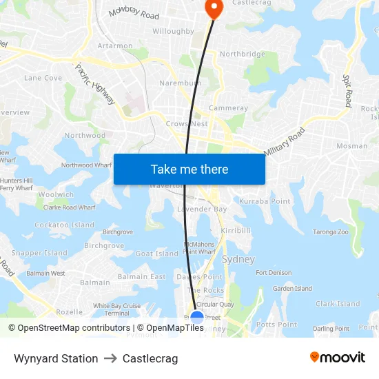 Wynyard Station to Castlecrag map
