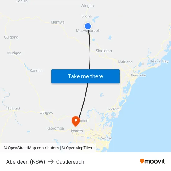 Aberdeen (NSW) to Castlereagh map