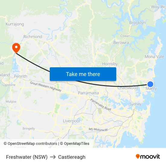 Freshwater (NSW) to Castlereagh map