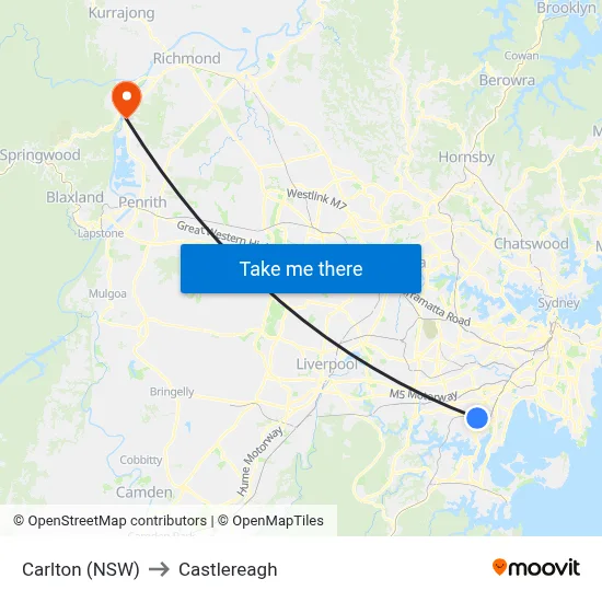 Carlton (NSW) to Castlereagh map