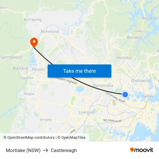 Mortlake (NSW) to Castlereagh map