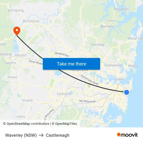 Waverley (NSW) to Castlereagh map