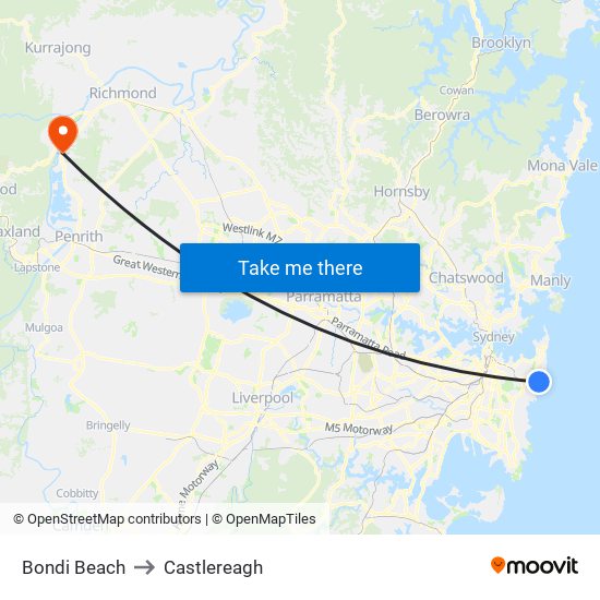 Bondi Beach to Castlereagh map